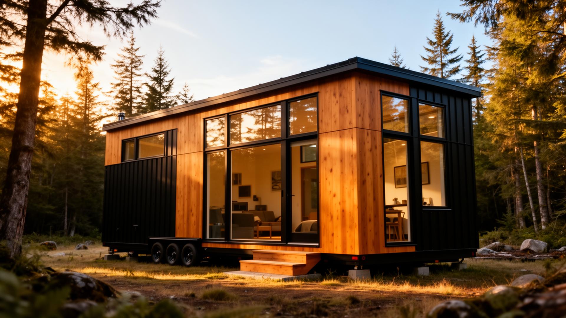 Modern tiny house in a forest at golden hour