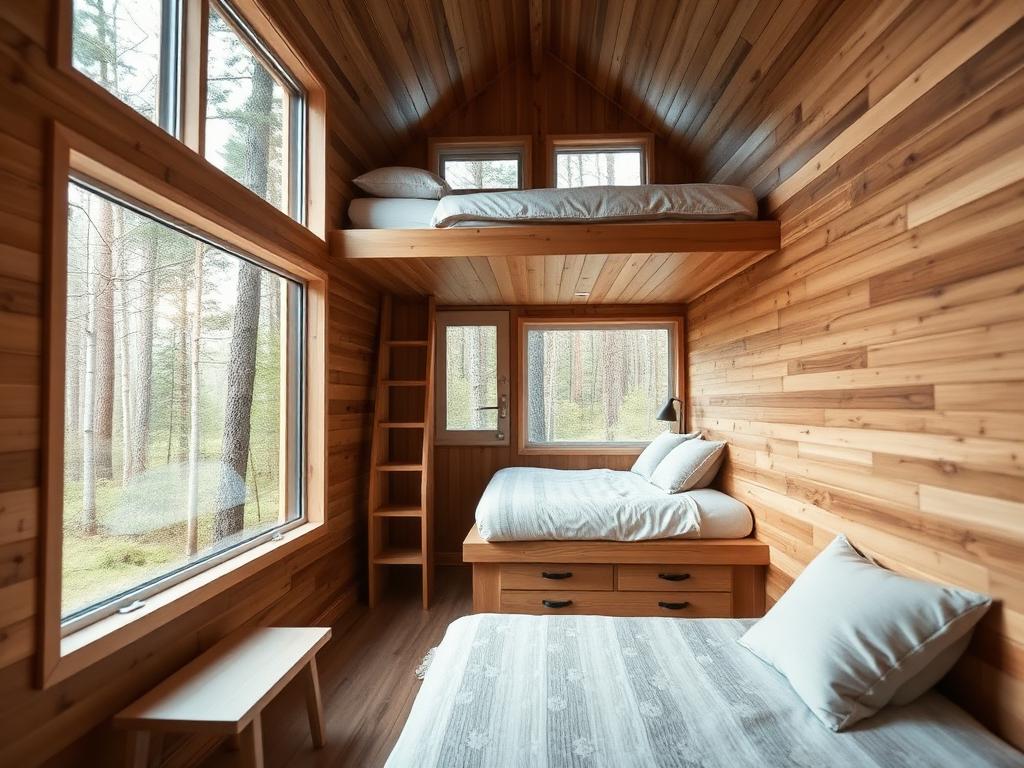 Cozy tiny house interior with warm natural light